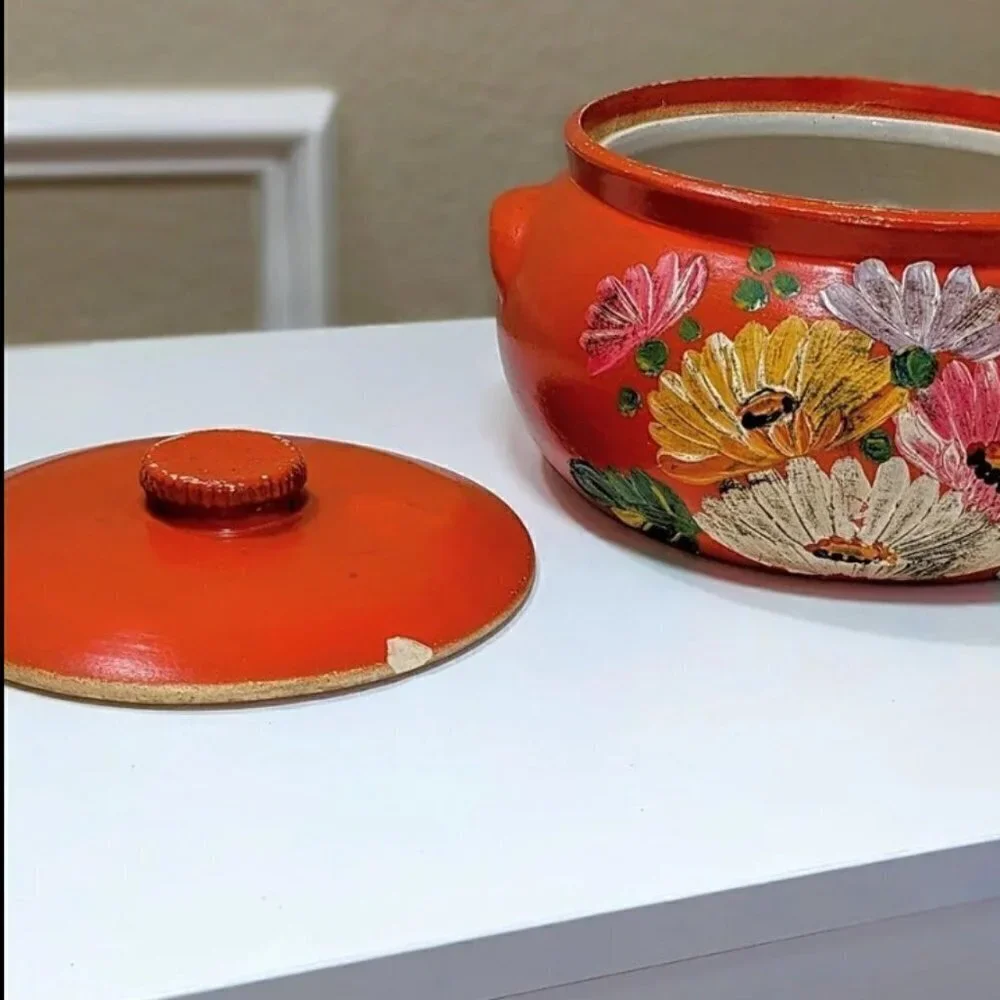 Ransburg 1930s Floral Ceramic Vintage Bean Pot with Lid